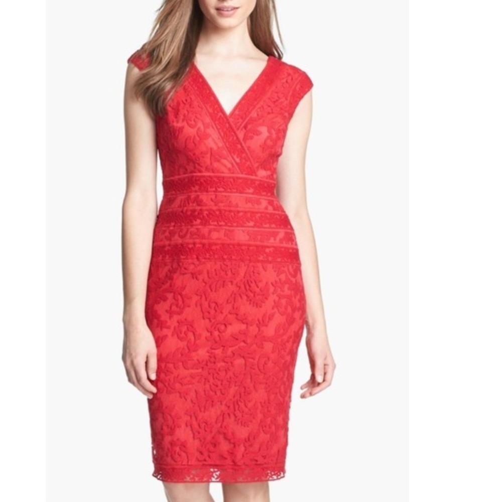 Tadashi Shoji Red Floral Lace V-Neck Wrap Sheath Cocktail Dress Size 14